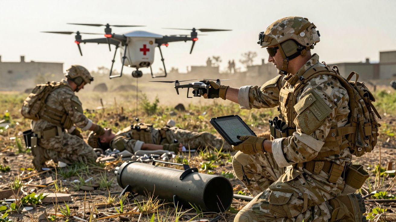Żołnierze w kamuflażu używają dronów do ewakuacji rannego w polu podczas słonecznego dnia.