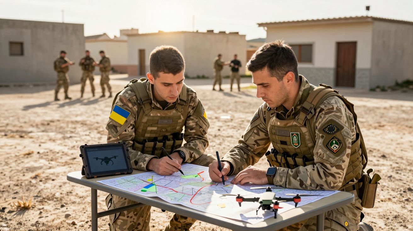 Dwóch żołnierzy w mundurach analizuje mapę na stole, w tle inni żołnierze i budynki wojskowe.