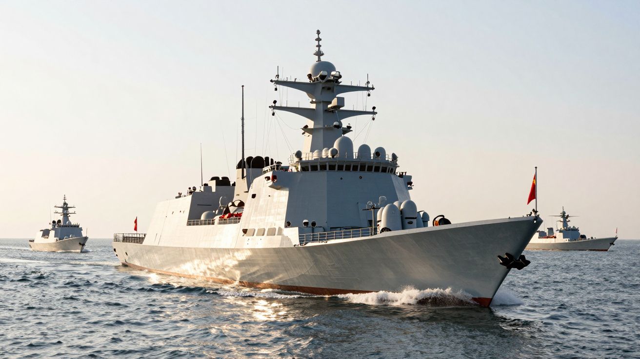 Trzy nowoczesne okręty wojenne płynące po spokojnym morzu o zachodzie słońca.