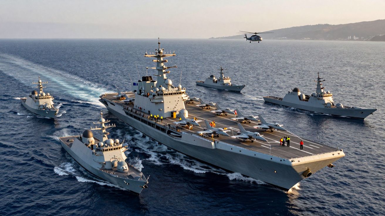 Lotniskowiec i cztery okręty wojenne płynące po otwartym morzu z helikopterem w powietrzu.
