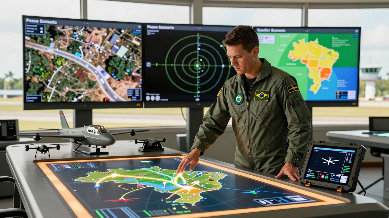 Mężczyzna w mundurze wojskowym obsługuje cyfrową mapę i modele dronów w centrum dowodzenia.