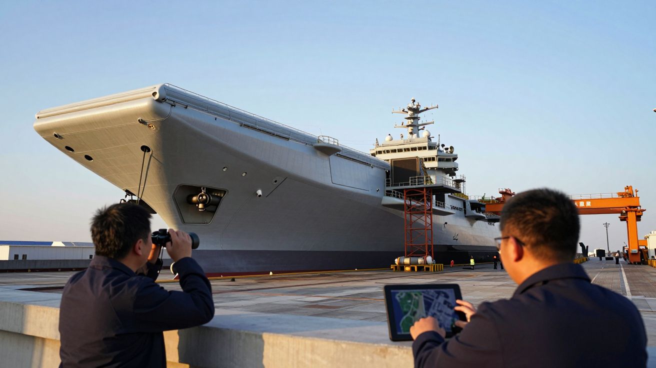 Dwóch mężczyzn obserwuje duży lotniskowiec na nabrzeżu, jeden używa lornetki, drugi tablet.