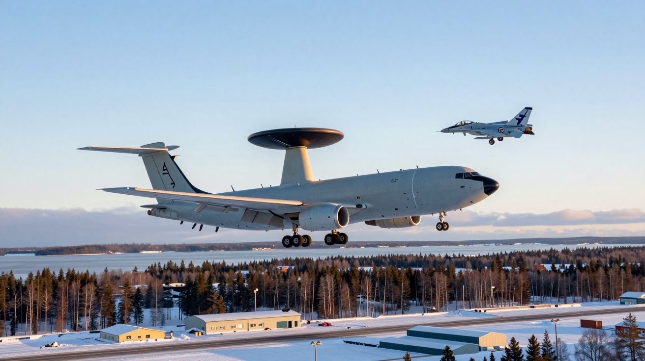 Samolot AWACS i myśliwiec F-16 nad ośnieżonym terenem i lasem w świetle zachodzącego słońca.