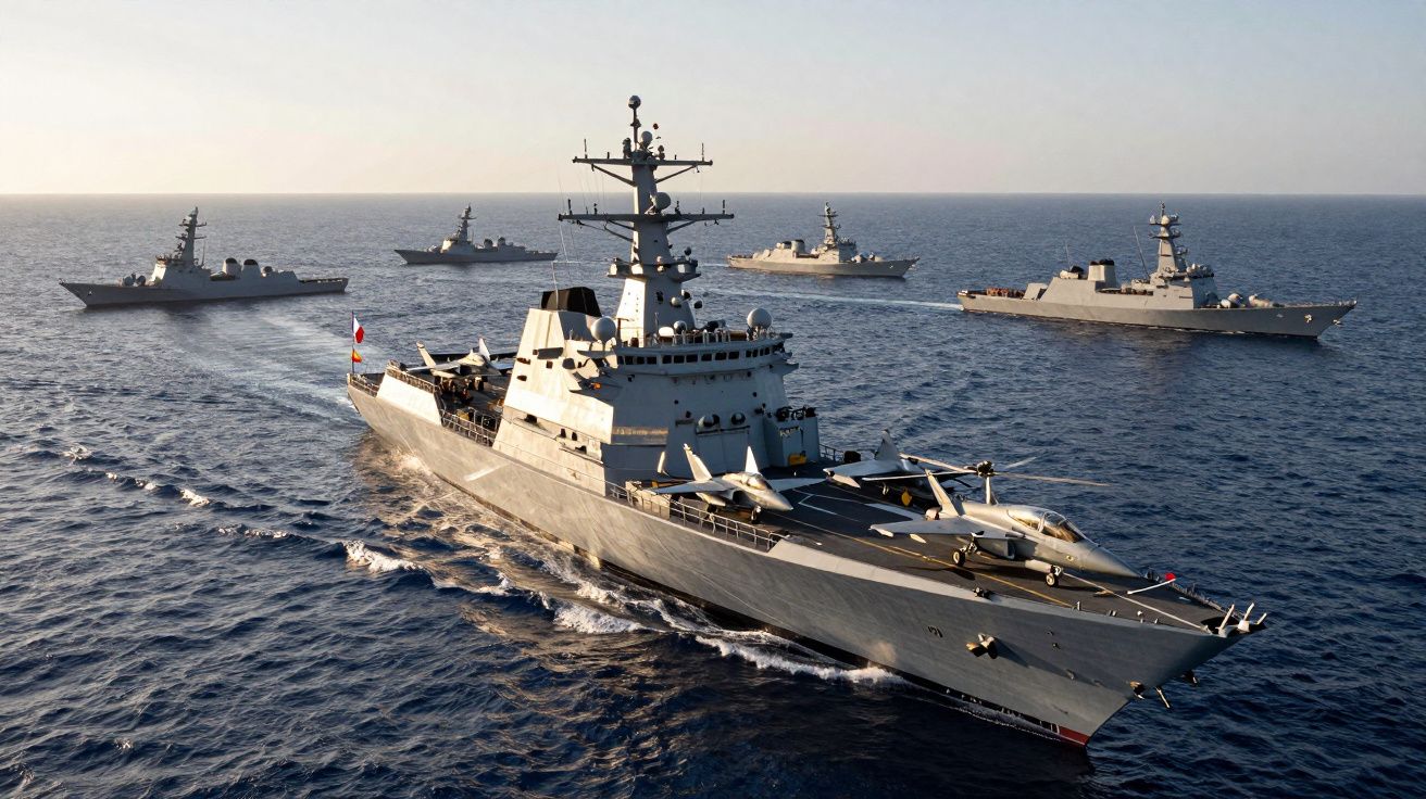 Flota pięciu okrętów wojennych na spokojnym morzu podczas słonecznego dnia.