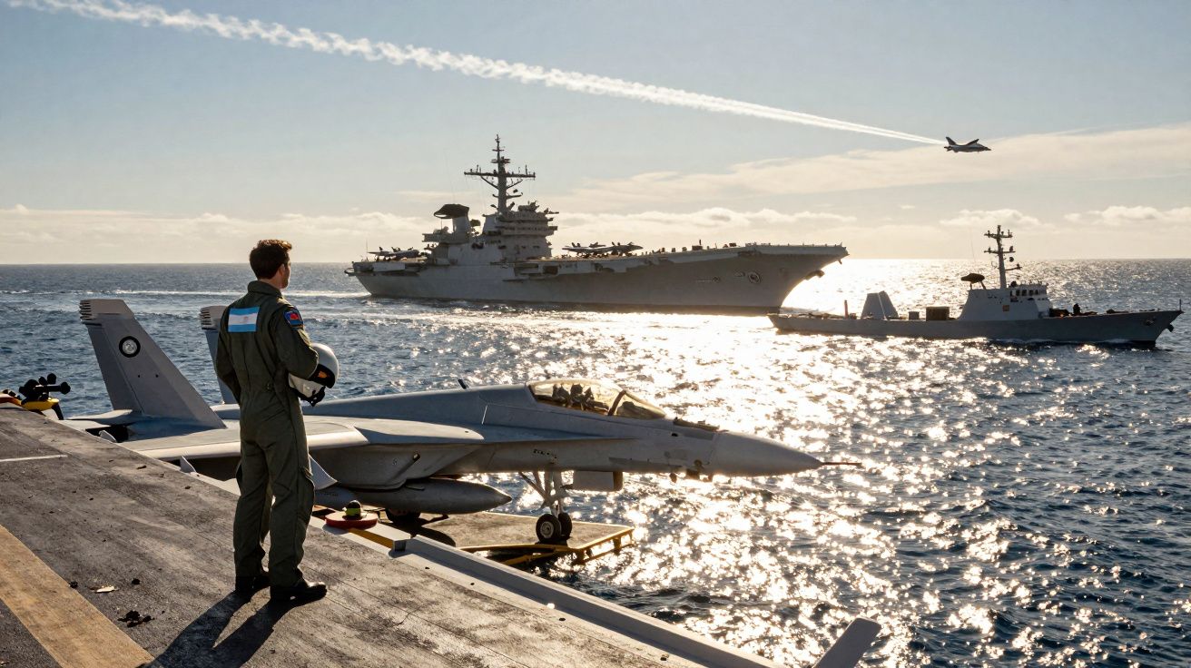 Pilot wojskowy stoi na lotniskowcu obok samolotu myśliwskiego, w tle okręty i odrzutowiec na niebie.