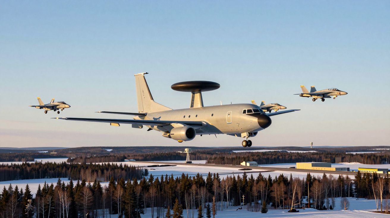 Samolot radarowy AWACS w eskorcie myśliwców nad ośnieżonym lasem i lotniskiem w zimowy dzień.