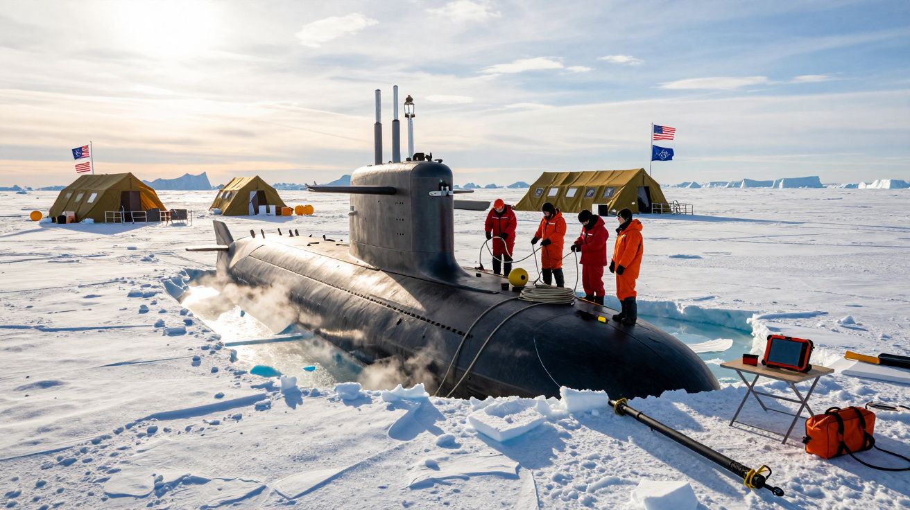 Okręt podwodny wyłaniający się z lodu na tle bazy polarnej i kilku osób w kombinezonach.